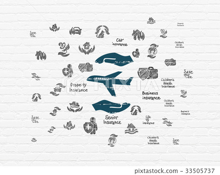 Insurance concept: Airplane And Palm on wall Insurance concept: Airplane And Palm on wall 33505737