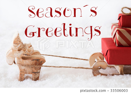 Reindeer With Sled On Snow, Text Seasons Greetings Reindeer With Sled On Snow, Text Seasons Greetings 33506003