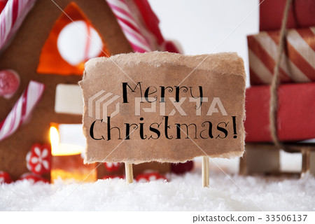 Gingerbread House With Sled, Text Merry Christmas Gingerbread House With Sled, Text Merry Christmas 33506137