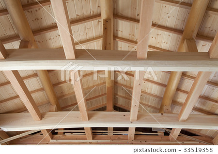 Inside a wooden house under construction Inside a wooden house under construction 33519358