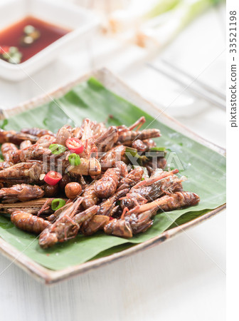 Fried grasshoppers and fried worm or silkworms Fried grasshoppers and fried worm or silkworms 33521198