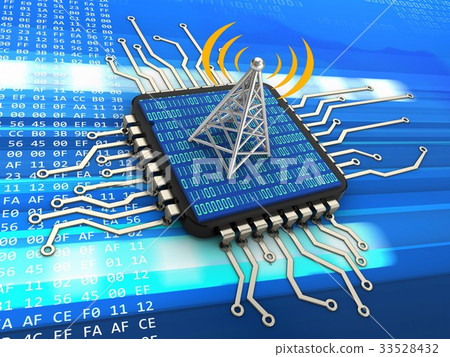 3d illustration of computer chip with antenna 3d illustration of computer chip with antenna 33528432