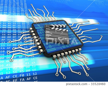 3d illustration of computer chip with film clap 3d illustration of computer chip with film clap 33528460