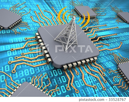 3d illustration of computer chips  with antenna 33528767
