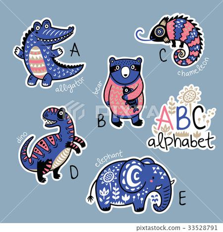 Set of cute patch badges with animals alphabet A - Set of cute patch badges with animals alphabet A - 33528791