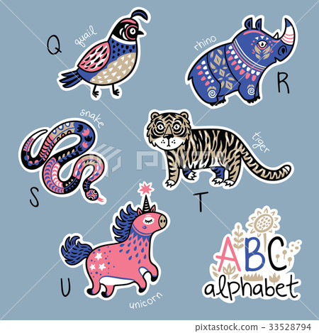 Set of cute patch badges with animals alphabet Q - 33528794