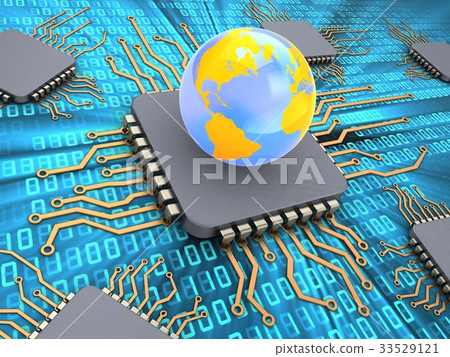 3d illustration of computer chips with earth globe-插圖素材 [33529121 ...