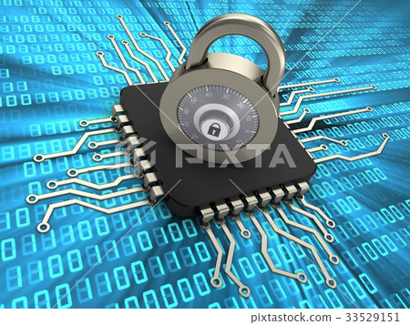 3d illustration of computer chip with steel lock 3d illustration of computer chip with steel lock 33529151