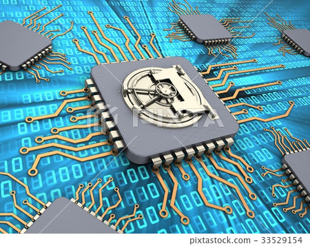 3d illustration of computer chips  with vault door 33529154