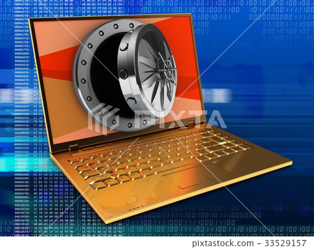 3d illustration of computer with opened vault door - Stock Illustration ...