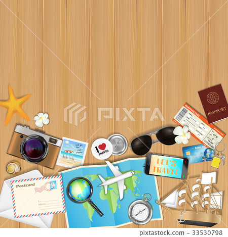 tropical travel object set on wood board backgroun 33530798