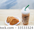 ice coffee with curry on wooden table. 33533324
