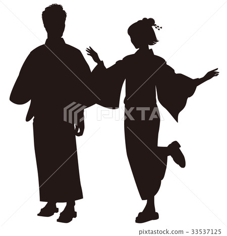 Silhouette Yukata couple Bon festival dance Festival Yukata figure Two people of meeting 33537125