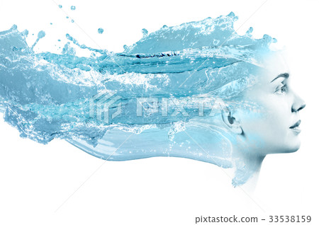 Double exposure of woman face with clear water. Double exposure of woman face with clear water. 33538159