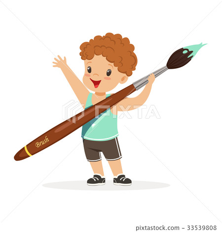Cute smiling little boy holding giant paintbrush 33539808