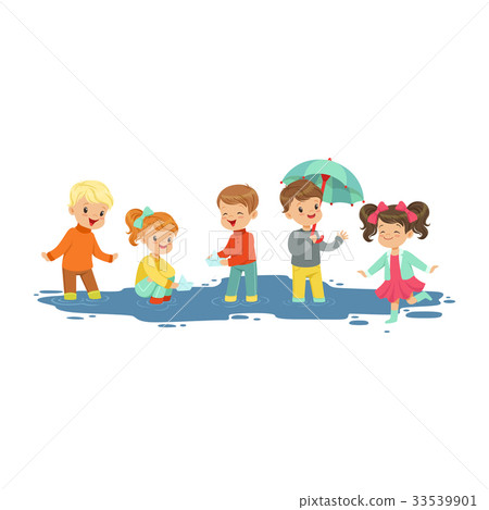 Cute smiling little boys and girls jumping and - Stock Illustration ...