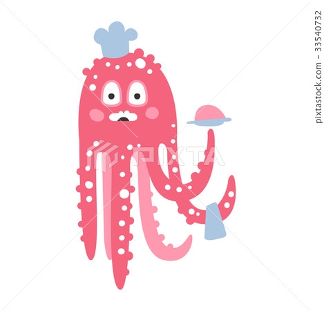 Cute cartoon pink octopus chef character, funny 33540732