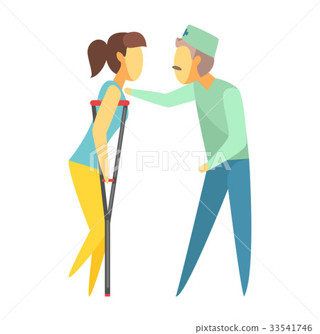 Doctor helping woman walking with crutches Doctor helping woman walking with crutches 33541746
