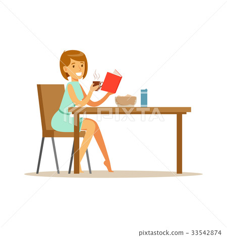 Beautiful young woman character reading bok while - Stock Illustration ...