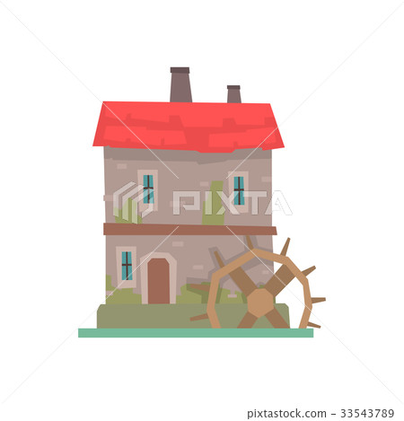 Old stone house and wooden water wheel, ancient 33543789