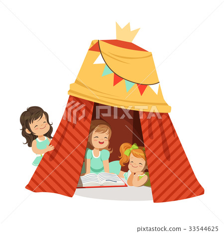 Cute little girls sitting in a homemade teepee and Cute little girls sitting in a homemade teepee and 33544625