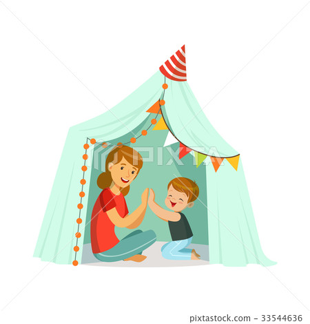 Mum and her son playing in a tepee tent, kid Mum and her son playing in a tepee tent, kid 33544636