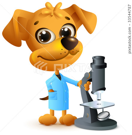 Yellow dog teacher holding microscope. Biology 33544787