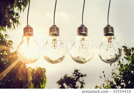 power energy in nature and light bulb with sunset  33554418