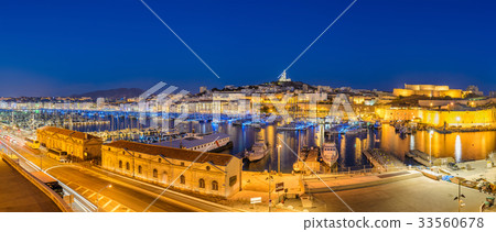 Marseille panorama night skyline harbour, France 33560678
