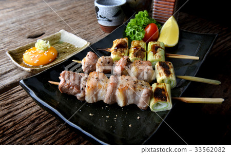 Butabara yakitori or Japanese bacon pork grill. Butabara yakitori or Japanese bacon pork grill. 33562082