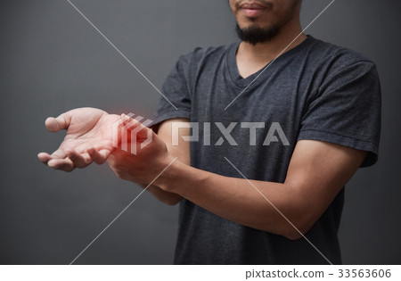 Asian beard man having wrist pain. 33563606