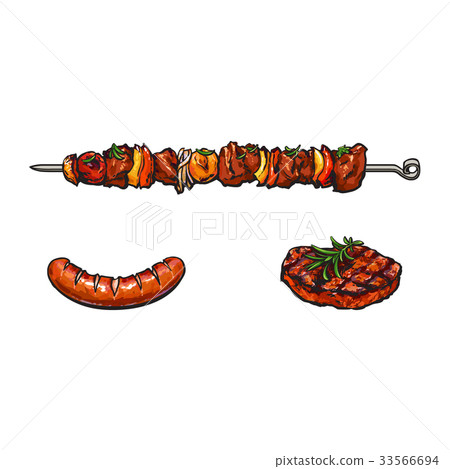 Grilled, barbequed meat on stick, steak, sausage 33566694