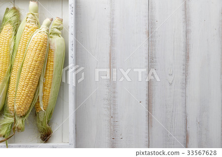 Sweet corns in a wooden tray Sweet corns in a wooden tray 33567628