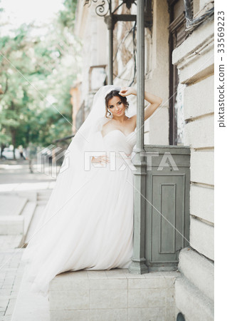 Beautiful bride posing in wedding dress outdoors 33569223