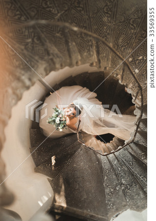 Beautiful bride in magnificent dress stands alone Beautiful bride in magnificent dress stands alone 33569355