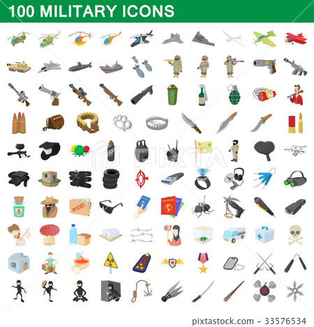 100 military icons set, cartoon style 33576534