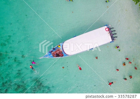 Aerial view over speed boat with beautiful sea Aerial view over speed boat with beautiful sea 33578287