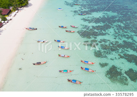 Aerial view over group of long tail boats,Top view Aerial view over group of long tail boats,Top view 33578295