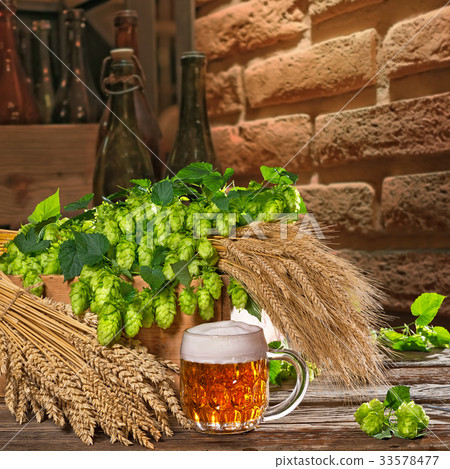 Beer glass with hops and barley in the brewery 33578477