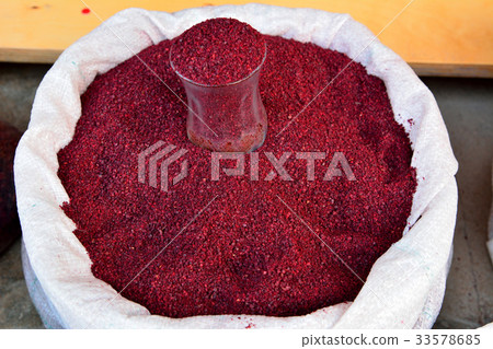 Sack of sumac at spice shop. Sack of sumac at spice shop. 33578685