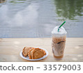 ice coffee with curry on wooden table. 33579003