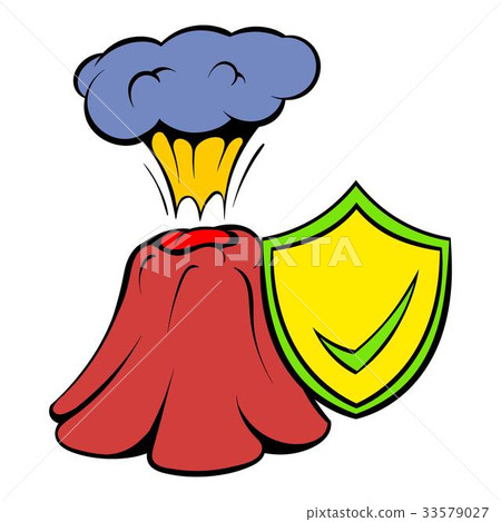 Volcano erruption and yellow shield with tick icon 33579027
