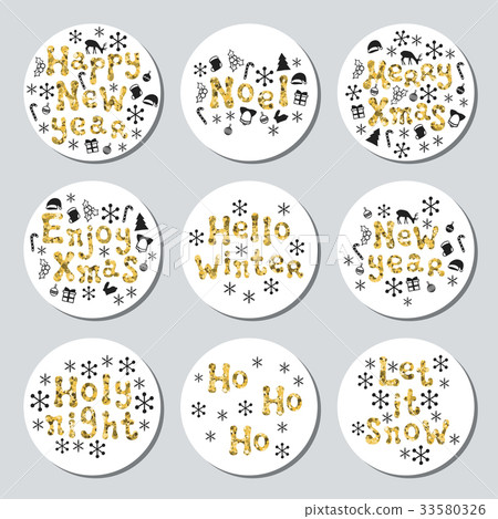Christmas New Year golden gift round stickers 33580326
