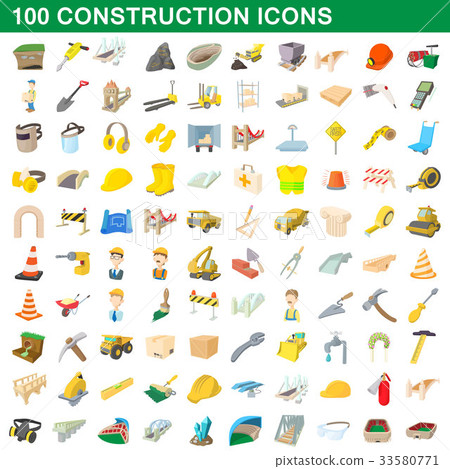 100 construction icons set, cartoon style 33580771