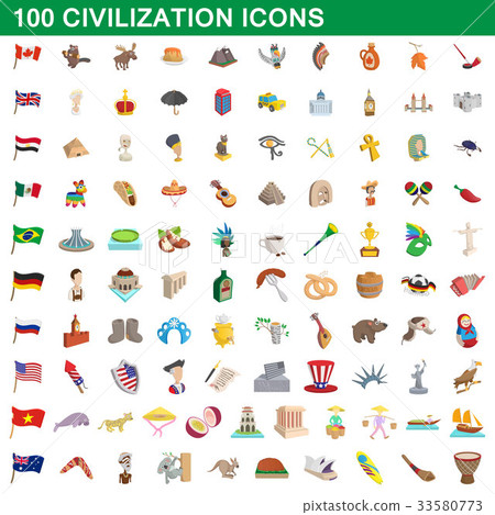 100 civilization icons set, cartoon style 33580773
