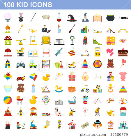 100 kid icons set, flat style 33580779
