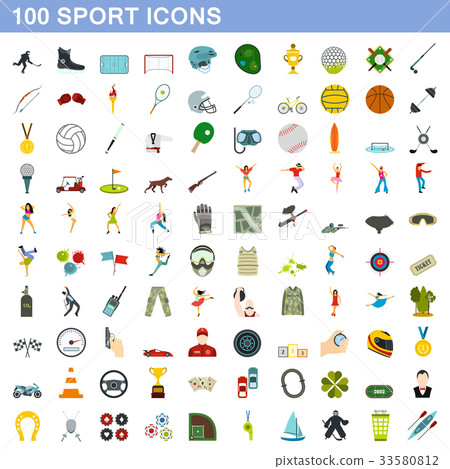 100 sport icons set, flat style 33580812