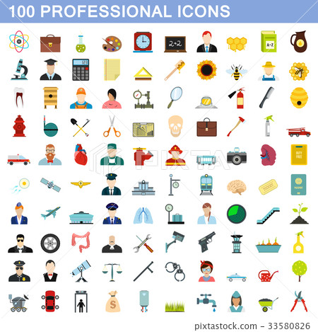 100 professional icons set, flat style 33580826