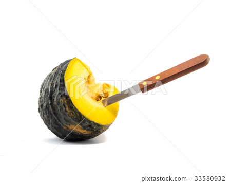 knife stab equal part pumpkin on white background 33580932