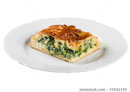 Slice of pie with onion and egg isolated on white Slice of pie with onion and egg isolated on white 33581550